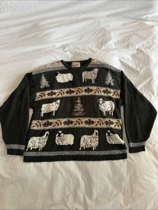 Woolrich Sweaters - Vintage Woolrich - Forest Green Sheep-Pattern Crewneck Sweater